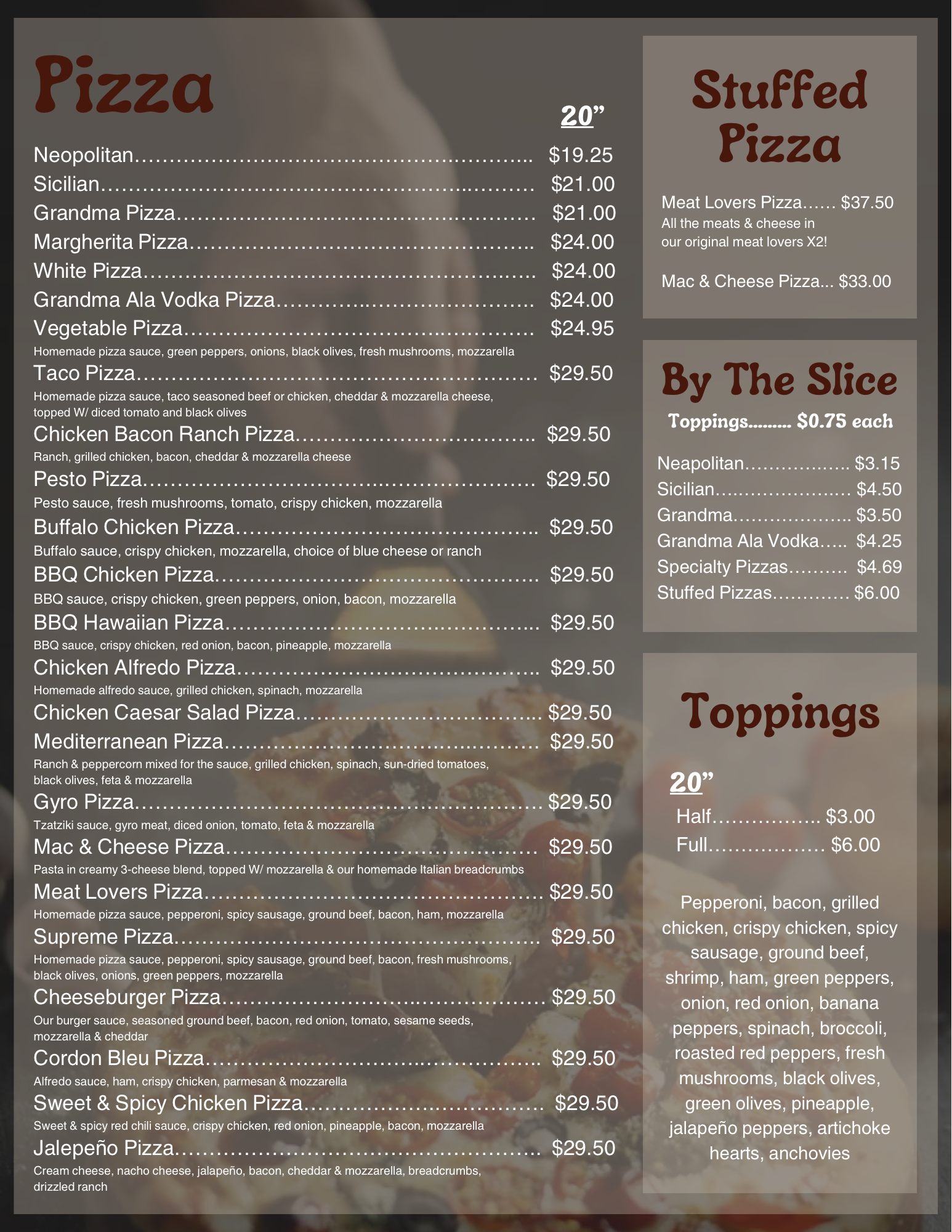 Page 3 of Menu - pizza, stuffed pizza, by the slice