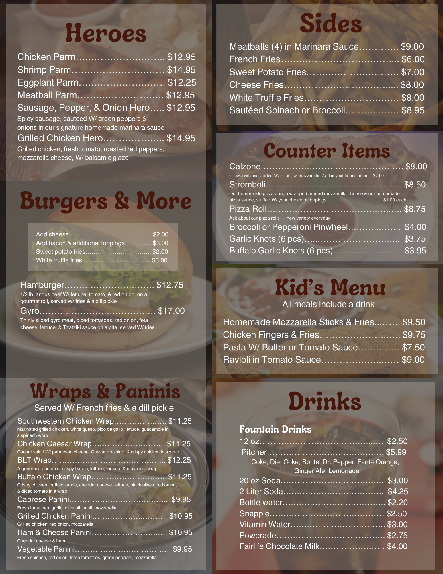 Page 4 of Menu - counter items, kid's menu, sides, heroes, wraps